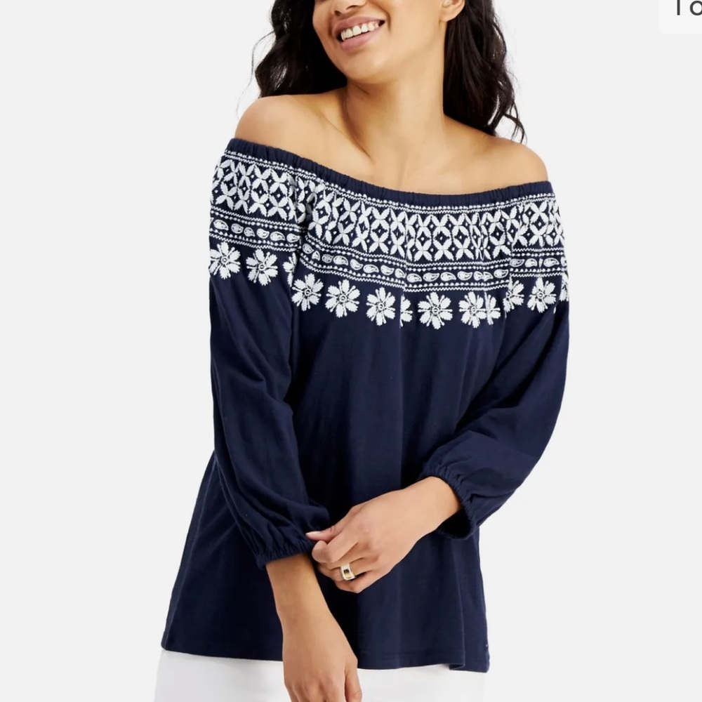 Tommy Hilfiger Womens Cotton Off-The-Shoulder Blouse